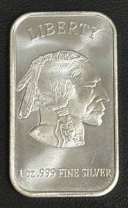 lot 88 image: 1 oz .999 Fine Silver Bar with Liberty Design