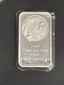 lot 91 image: 5 oz .999 Fine Silver Bar With Buffalo Design