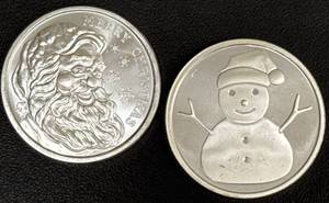 lot 94 image: 1 oz .999 Fine Silver Rounds Featuring Holiday and Emoji Designs, 2024