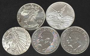 lot 104 image: 5 Ounce Assorted Silver Coins, Mixed Designs and Mint Years