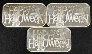 lot 107 image: Three 1 oz .999 Fine Silver Happy Halloween Bars