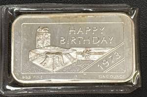 lot 109 image: 1-Oz .999 Fine Silver Bar With Happy Birthday 1973 Design
