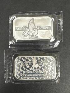 lot 113 image: Stacks Bowers 1 oz .999 Fine Silver Bars (2022, Two Pieces)