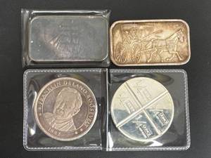 lot 118 image: Four Silver Bars and Rounds Featuring Franklin D. Roosevelt and Old Ironside