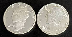 lot 121 image: Two 1 Troy Ounce Liberty Silver Rounds, .999 Fine Silver
