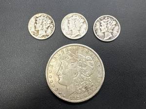 lot 49 image: 1921 Morgan Dollar and Three Mercury Dimes