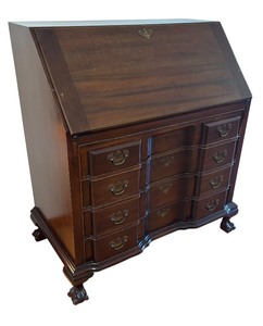 lot 12 image: Antique Wooden Secretary Desk with Fold-Down Writing Surface  Antique Mahogany Writing Desk  Secretary Desk Cabinet
