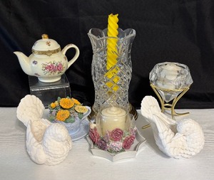 lot 36 image: Decor and More including Dove Figurines, Teapot Trinket Box, Candle Holders and More
