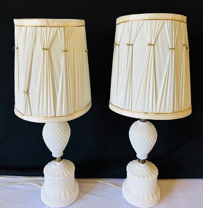 lot 70 image: Pair of Vintage Milk Glass Lamps with Pleated Shades