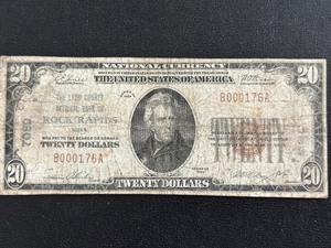 1929 Brown Seal $20 Dollar National Currency Rock Rapids LOW Serial Number 000176
