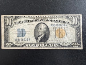1934 A Yellow North Africa $10 Dollar Silver Certificate