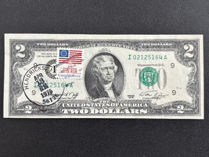 lot 4 image: 1976 Green Seal $2 Dollar Federal Reserve Note Postmarked Uncirculated