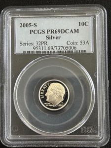 lot 16 image: 2005-S Roosevelt Dime Silver Proof PCGS PR69 Deep Cameo