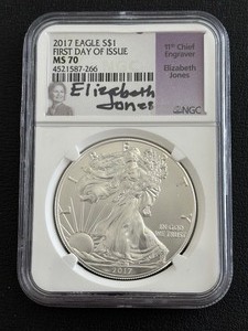 lot 17 image: 2017 Silver Eagle First Day Issue NGC MS70