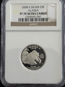 lot 22 image: 2008-S Alaska State Quarter Silver Proof NGC PF70 Ultra Cameo