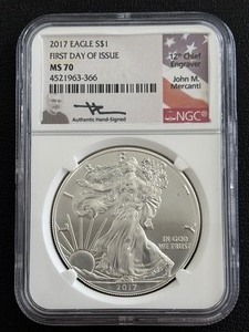 lot 24 image: 2017 Silver Eagle First Day of Issue NGC MS70