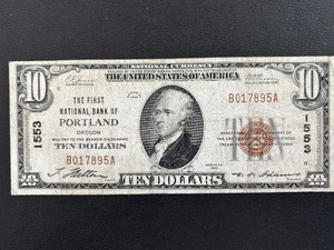 lot 52 image: 1929 Brown Seal $10 Dollar National Currency Portland
