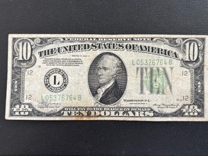 lot 53 image: 1934 A Green Seal $10 Dollar Federal Reserve Note