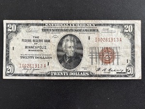lot 99 image: 1929 Brown Seal $20 Dollar National Currency Minneapolis