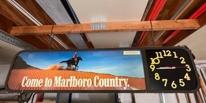 Vintage 1984 Lighted Large Double Sided Marlboro Clock Sign (54.5" W x 13" T x 8" D) - Working Clock and Lights
