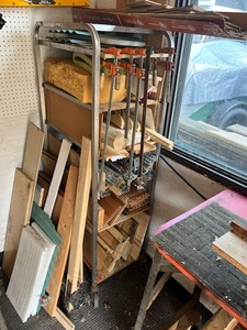 lot 71 image: Vintage Rolling Bread Shelving Unit w Wood Clamps, Scrap Wood (70 T X 27 D x 19.5 W)