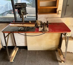 lot 72 image: DELTA Drill Press, Motorized Wire Brush, and Powered Rolling Work Bench (42.25 T x 64.75 W x 24 D)