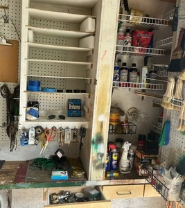lot 82 image: Miscellaneous Garage Items - Tools, WD-40, Ignition Wires, FVP Starting Fluid, Brushes, and More