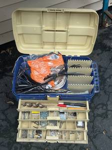lot 95 image: Vintage PLANO Tackle Box w Assorted Hardware and More
