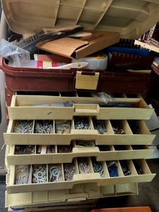 lot 96 image: Vintage PLANO Tackle Box w Assorted Hardware and More