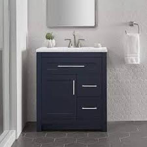 lot 1 image: Home Decorators Collection Clady 31 in. Single Sink Deep Blue Bath Vanity with Silver Ash Cultured Marble Top (Assembled) Customer Returns See Pictures