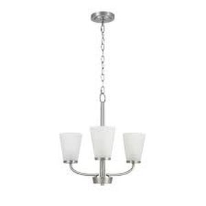 lot 26 image: Hampton Bay Helena 19 in 3-Light Brushed Nickel Hanging Chandelier with Frosted Glass Shades for Dining Room    Customer Returns See Pictures