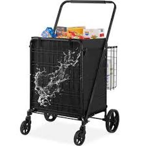 lot 54 image: SKYSHALO Folding Shopping Cart, Jumbo Grocery Cart with Double Baskets, 360° Swivel Wheels, Duty Utility Cart Black Kitchen Cart   Customer Returns See Pictures