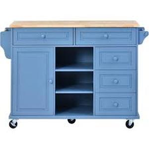 Rubber wood Kitchen Island Cart with Storage Cabinet and 5 draws Rolling Kitchen Carts Blue for Kitchen, Small Bar  Customer Returns See Pictures