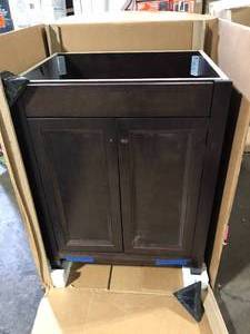 lot 13 image: Glacier Bay Delridge 25 in. Single Sink Chocolate Bath Vanity with Caramel Cultured Marble Top (Assembled) No Sink  Customer Returns See Pictures