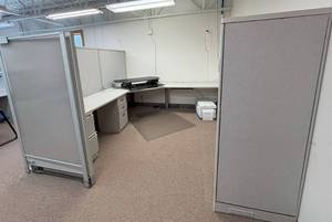 lot 12 image: MSRP $5,500&nbspHON&nbspHigh Quality HON Initiate Collection Workstation Cubicle Excellent Condition&nbspWith Sliding Glass Panel,&nbsp2 File Cabinets & 64 Fabric Privacy Panels -Fully disassembled -Fork Lift At Site 