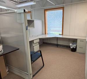 lot 11 image: MSRP $5,500 HON&nbspHigh Quality HON Initiate Collection Workstation Cubicle Excellent Condition&nbspWSliding Glass Panel,&nbsp2 File Cabinets, 2 Overhead Cabinets & 64 Fabric Privacy Panels -Fully disassembled -Fork Lift At Site 