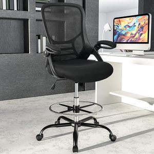 lot 17 image: High Quality High-Back Mesh Drafting Chair  Designed for standing desks Flip-up arms, adjustable foot ring, lumbar support, tilt tension, and breathable mesh back. Waterfall seat edge for leg comfort. Sleek, ergonomic & built to elevate your workday