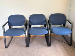 lot 38 image: MSRP $1,665 HON Solutions 4000 Series Guest Reception Chairs  Set of 3 in Navy Wide Cushions for Comfort & Support  Durable Steel Frame with Stain-Resistant Upholstery  Great For Waiting Rooms, Lounges, Offices  Excellent Condition