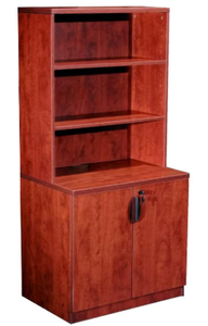 lot 41 image: MSRP $1,300 Legacy Collection 29 Cherry Storage Cabinet w 2 Shelf Open Hutch  Durable Melamine Laminate Resists Scratches, Stains & Heat Locking Doors w Adjustable Shelves  Matching Hutch  Sleek, Secure & A Must-Have For Any Office