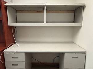 lot 42 image: HON 2-Pedestal Workstation With Overhead Cabinets  Solid, Practical Setup With Plenty Of Storage Features Dual Locking Pedestals  Overhead Cabinets  Great For Home Office, Warehouse, Or Any Other Workspace