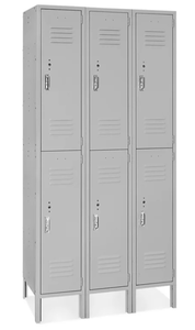 lot 68 image: Uline Double Tier Lockers  3 Wide, 36W x 18D, Gray, Unassembled. Solid steel build with chrome-plated lift latches and vented louvers for airflow. Great for breakrooms, gyms, or changing rooms. Durable, versatile, and built to last