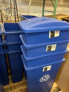lot 21A image: MSRP $600 Lot of 11 Tough Guy 4UAU7 23-Gallon Recycle Wastebasket Trash Cans With Lids - Blue - Durable for Everyday Use - (Here ya go Pat) Approx 30x20x11 Great Condition