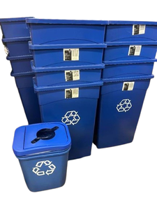 lot 21 image: MSRP $600 Lot of 12 Tough Guy 4UAU7 23-Gallon Recycle Wastebasket Trash Cans - Blue - Durable for Everyday Use - (Here ya go Pat) Approx 30x20x11 Great Condition Includes a couple Small Waste Bins As Well...