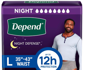 lot 108 image: Brand New Depend Night Defense Incontinence Underwear for Men, Large (35-43 Waist), 56 Count $56.99 Retail