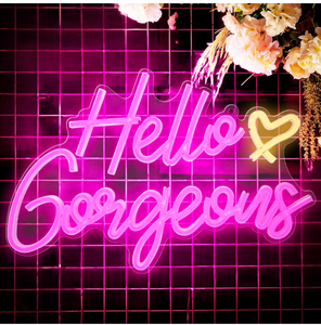 lot 113 image: Brand New Hello Gorgeous Neon Sign Pink LED Neon Light Dimmable Switch for Wall Decor