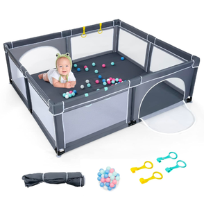 lot 117 image: Brand New GLACER Extra Large Baby Playpen wMat, Safety Baby Play Yard Activity Center wGates, Mesh Walls & Suction Cups, 50 Ocean Balls, 4 Pull up Rings, Portable Indoor Outdoor Baby Playpen Dark Grey $94.99 Retail