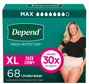 lot 139 image: Brand New Depend Fresh Protection Adult Incontinence & Postpartum Bladder Leak Underwear for Women, Disposable, Maximum, Extra-Large, Blush, 68 Count $49.99