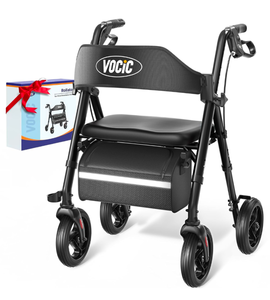 lot 148 image: Brand New Walkers for Seniors, Foldable Walker with Seat, Rollator Walker with Durable Aluminum, 8 Big Wheels for All Terrain, Ergonomic Seat and Backrest, Dual Adjustable Height Rolling Walker Passion Black $89.99