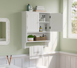 lot 184 image: Brand New Smuxee White Bathroom Cabinet Wall Mounted with Towels Bar, Bathroom Medicine Cabinet with 2 Door Adjustable Shelves, Over Toilet Cabinet for Bathroom Laundry Room Kitchen $69.99 Retail