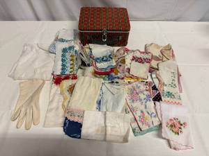 lot 8 image: Large Lot of Vintage Hankerchiefs & Lunchbox
